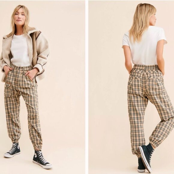 Free People Back Street Pants Plaid Tapered Joggers Tan Brown Sz Small - Picture 1 of 13